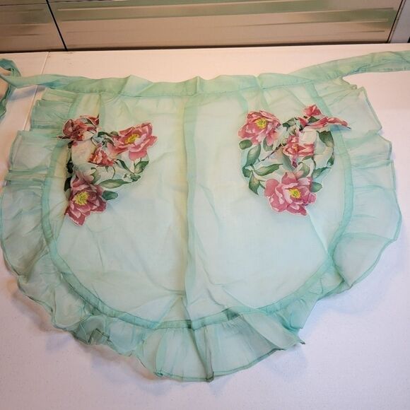 VINTAGE 50s Hostess Waist Apron Sheer Blue Sheer Ruffled - Picture 9 of 12